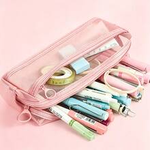 2/1 Cute Morandi Plaid Transparent Double Layer Pencil Case, Large Capacity Mesh Stationery Storage Bag With Handle And Zipper, Portable Travel Makeup Bag, Suitable For Adults, School, Office, Back To School Essential - Square - View 3