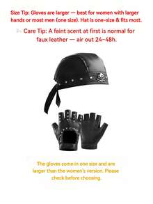 Women's Punk Rivet Faux Leather Skull Headband + Fingerless Motorcycle Gloves Set, Adjustable Durag, Y2K Motorcycle Hip Hop Cosplay - Multicolor - View 13