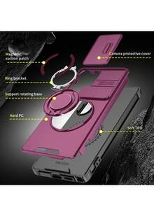 適用於 Galaxy S26 Ultra S25 Ultra S24 Ultra S23 Ultra S22 Ultra 手機殼，附可滑動相機蓋 + [全相機保護] 360°旋轉環支架 車用磁吸支架 磨砂質感 防震保護殼 - 櫻桃紅 - 查看 4