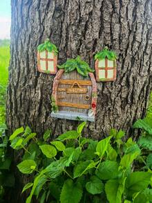 3pcs Welcome Wooden Gnome Door Decor Tree Ornament Set, Green Leaf Roof Mini Fairy House Window Hanging Decor, Outdoor Garden Tree Art Hanging Decor, Fairy Garden Decoration - Leaf Tree Hanging Decoration - View 3