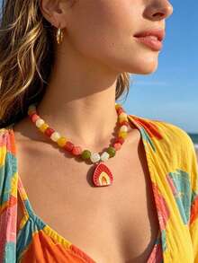 Sweet And Cool Style Colorful Dopamine Peach Pendant Necklace For Women - Personalized Beaded Earrings For The Neckline Chain - Multicolor - View 2