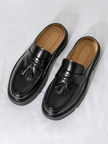 Black Tassel Loafer Mule Half-Slip-On Men's Backless Slip-On Shoes With Thick Serrated Platform Sole, Invisible Height Increase, British Street Style Spring/Summer Commute Versatile Slouchy Outdoor Sandals - Black - View 5
