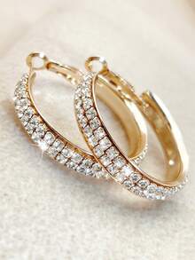 1 Pair Fashionable Exquisite C-Shaped Full Rhinestone Inlaid Double Row Rhinestone Hoop Earrings Shiny Bling Bling White Gold - Party Gift Holiday Daily - Gold - View 2