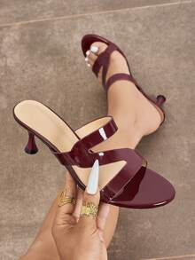 Women's Summer Burgundy Glossy Kitten Heel Open Toe Sandals Unique Z-Strap Slip-On Mule High Heel Sandals Elegant Style Exquisite Versatile Suitable For Banquet Party Date Commute Vacation Daily Gathering Shopping Outfit Mature Fashion High-End Women's Shoes - Burgundy - View 1
