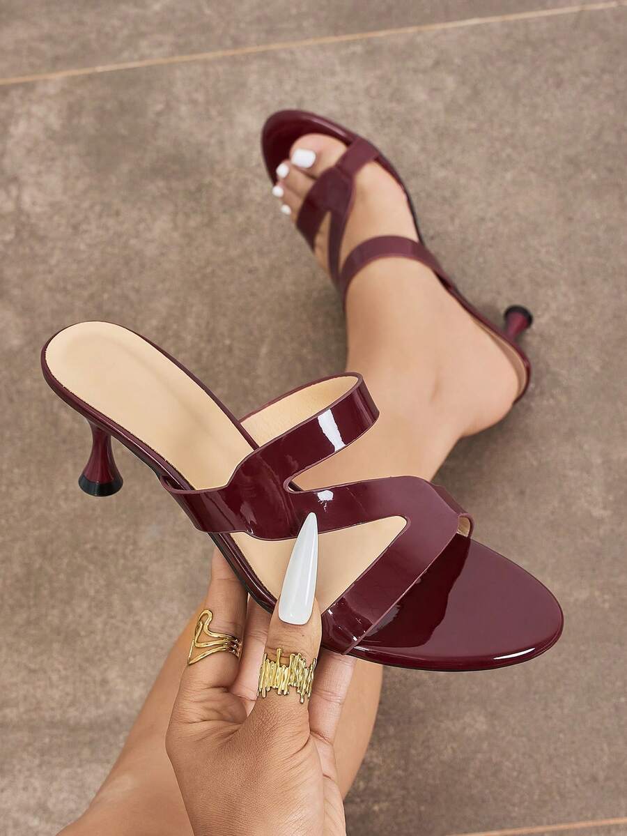 Women's Summer Burgundy Glossy Kitten Heel Open Toe Sandals Unique Z-Strap Slip-On Mule High Heel Sandals Elegant Style Exquisite Versatile Suitable For Banquet Party Date Commute Vacation Daily Gathering Shopping Outfit Mature Fashion High-End Women's Shoes - Burgundy - View 1
