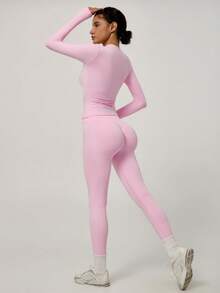 NcmRyu Women's One Set Solid Color Seamless Round Neck Short Sleeve Butt Lifting Tight Cropped Pants Sports Outfit - Pink - View 5