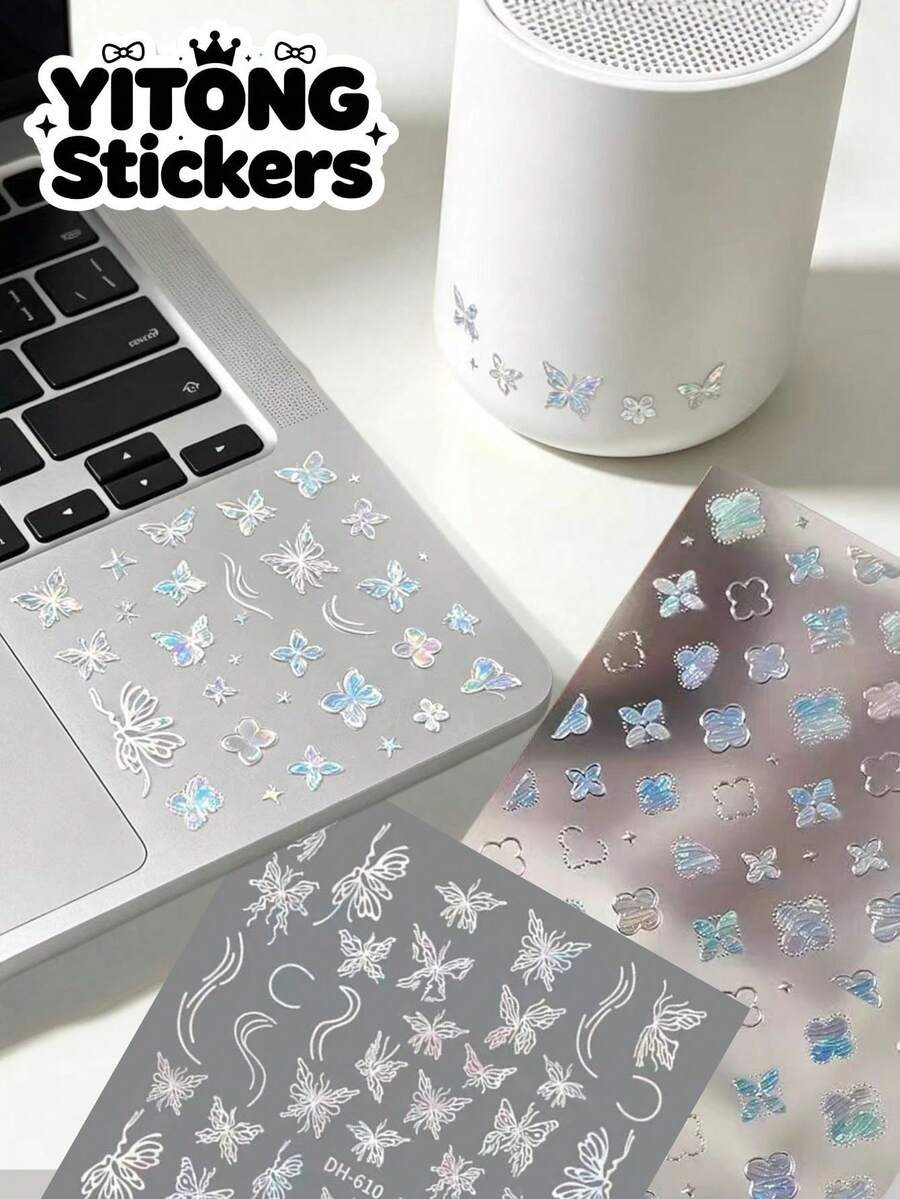 2pcs Holographic Laser Silver Line Butterfly Curve Flower Stickers, Transparent Gradient Starlight Waterproof Decals For Laptop, Mini Speaker, Phone Case, Digital Product Shell, Cool Style Decorative Sticker Material - Holographic Butterfly Four-leaf Clover - View 1