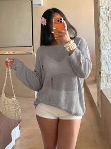 Autumn New Loose Hollow-Out Distressed Slouchy Long Sleeve Air Conditioning Shirt Sun Protection Top - Grey - View 4