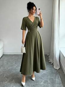 Women's Elegant High Waist Solid Color Pleated A-Line Skirt Spring - Army Green - View 3