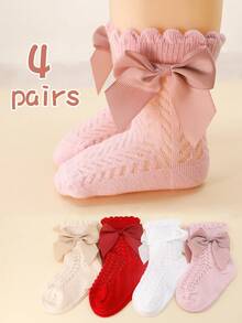 4 Pairs Girls Breathable Bow Princess Style Cute Baby Socks For Daily Use - Multicolor - View 1