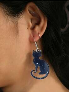 1pc Dark Starry Sky Silhouette Sitting Black Cat 2D Flat Acrylic Hook Earrings, Witchy Galaxy Kitten Pattern Pendant Earrings, No Box - Kitten - View 4