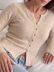 Cardigan Rajut Bergaris Kancing Depan Kerah Bulat Lengan Panjang Kasual Serbaguna untuk Dipakai di Musim Gugur - Khaki - View 5