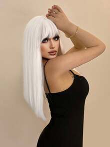 alicegarden 26-Inch Long Synthetic Wig Featuring A Natural Straight Style A Stunning White. Designed With Bangs , This False Hairpiece Is Perfect For Ms Daily Party Cosplay Use, Offering A Natural And Natural Durable Wig Gift For Ladies. - White - View 3