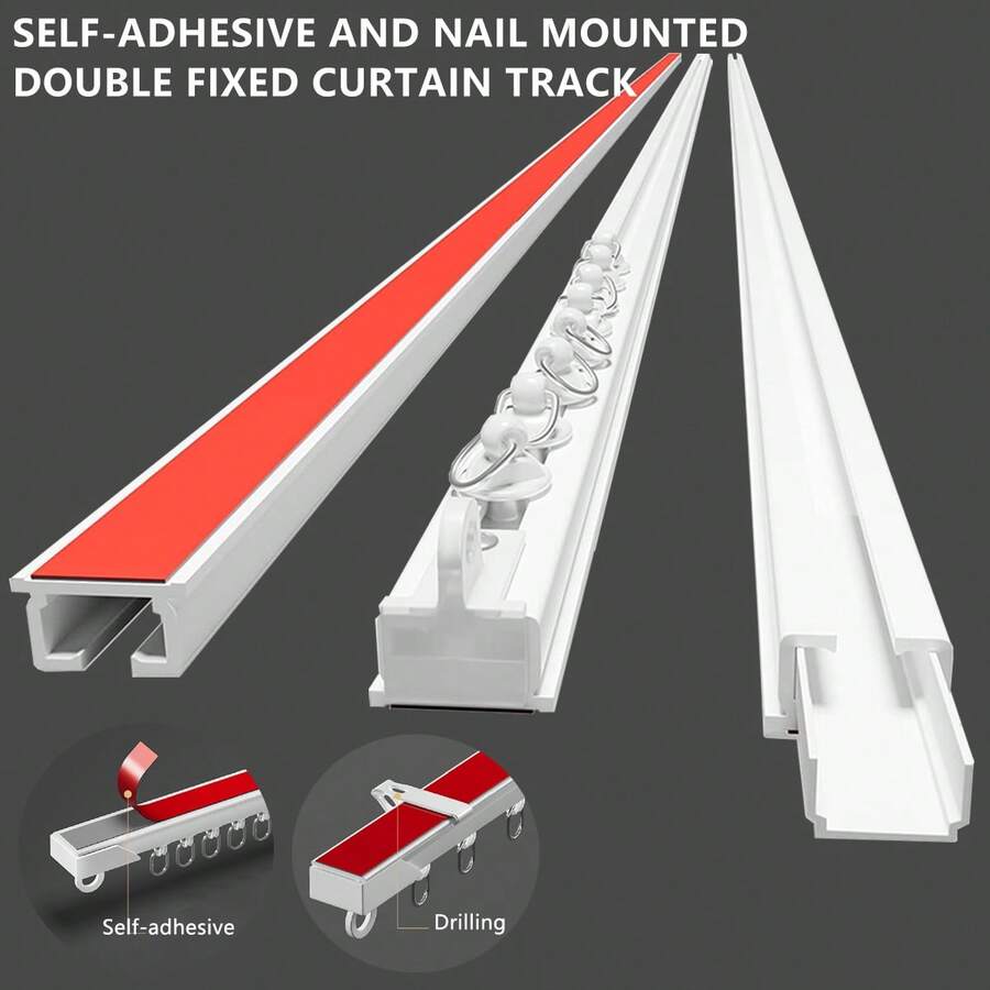 4-In-1 Adhesive + Drill-Free Curtain Track System - Ceiling/Wall Mount, Adjustable Length, Easy Installation For Bathrooms, Windows, Bathrooms, Room Dividers, Cabinets & More