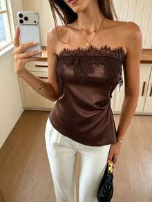 Women's Solid Color Sleeveless Bandeau Lace Patchwork Top, Black Vacation Top, Sexy Women's Top Summer - Brown - View 6