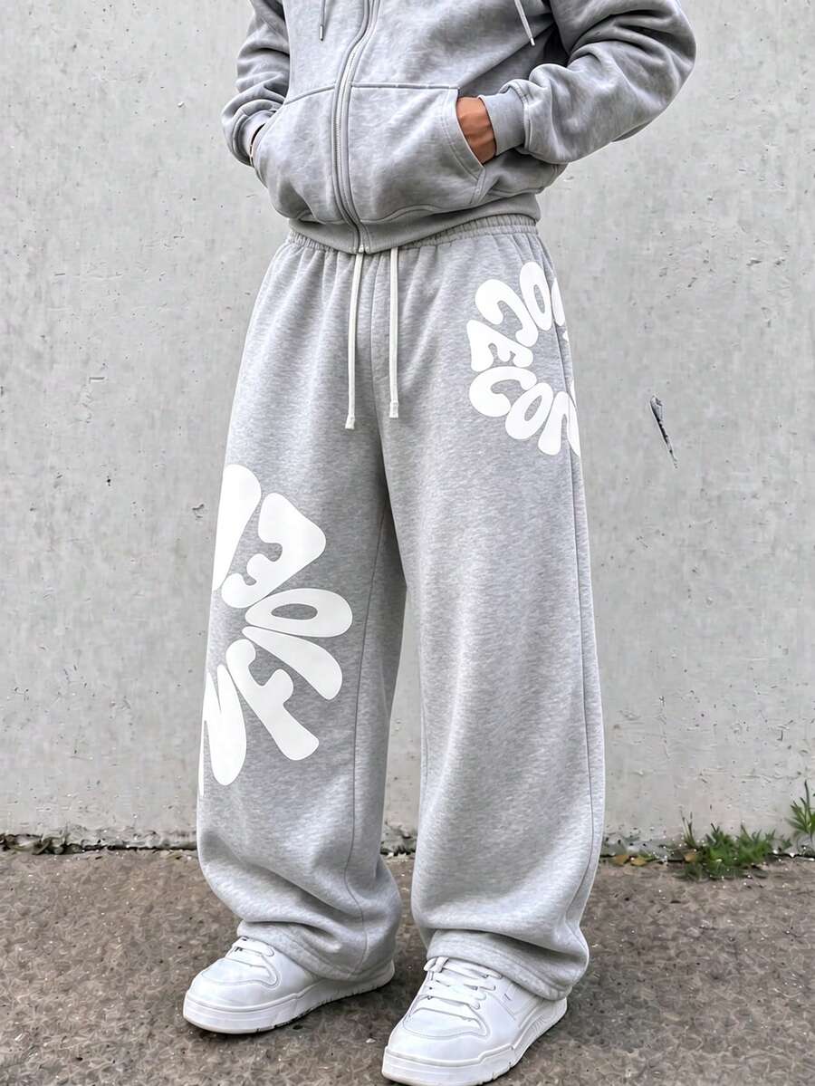 FRACTYR 男士夏季休閒街頭風字母印花深色高街風透氣寬鬆長褲,舒適透氣適合戶外穿著,純色休閒長褲 - 灰色 - 查看 1