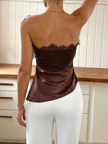 Women's Solid Color Sleeveless Bandeau Lace Patchwork Top, Black Vacation Top, Sexy Women's Top Summer - Brown - View 5