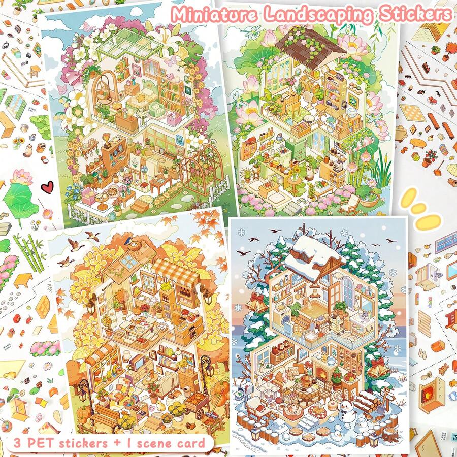 3pcs PET Stickers + 1pc Scene Card + 1pc Effect Image/Pack, Size 28*21cm, Miniature Scene Stickers, 4 Styles Available, Art And Craft Stickers, 3D Landscape Stickers DIY Handmade Stickers Collage