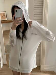 Rhinestone + Sword Zipper Pull + Gunmetal Zipper Casual Sun Protection Cover-Up Shirt For Women White - White - View 7