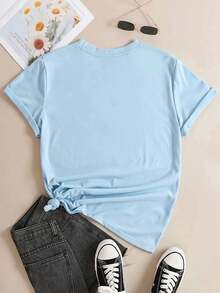Little Apple Print Short Sleeve T Shirt, Casual Short Sleeve, Perfect Choice For Summer Comfortable Women's Fashion Breathable - 薄荷藍 - 查看 2