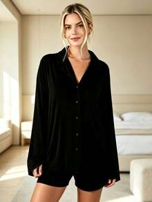 Ensemble pyjama femme couleur unie avec col revers, boutons devant, manches longues + short, vêtements d'intérieur décontractés et doux avec poches - Noir - Voir 1