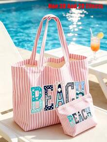 Pink Striped Tote Bag With "BEACH" Shell And Wave Pattern Print, Summer Theme. Large Capacity Striped Handbag And Makeup Bag, Casual Shoulder Bag, Lightweight Shopping Bag, Portable Cosmetic Storage Bag, Suitable For Travel, Shopping, Commuting And Daily Use, Gift For Women, Lovers, Friends, Birthday Gift, Holiday Gift, Party Gift, Vacation Gift, Back To School Gift, Anniversary Gift, Teacher Gift - Multicolor - View 4