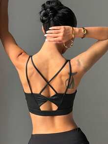 Women's Solid Color Removable Padded Criss-Cross Strap Knit Sports Bra - Black - View 2