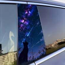 1組2片隕石貓汽車B柱貼紙，星空夜空剪影設計含星星與星系，防水抗UV乙烯基貼紙，防刮保護，適用小型車輛 - 裝飾貼紙 - 查看 2