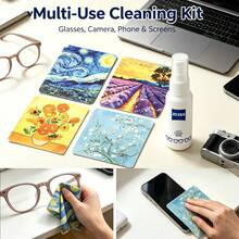 Van Gogh Print Microfiber Lens Cloth AntiFog Eyeglass Cleaner Spray Set,Fast Dry Oil Remover Mist, Reusable Anti-Scratch For Glasses, Cameras,Phones - Multicolor - View 2
