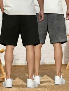 2件組青少年男孩夏季休閒戶外百搭直筒膝長短褲，黑色與灰色 - 彩色 - 查看 2