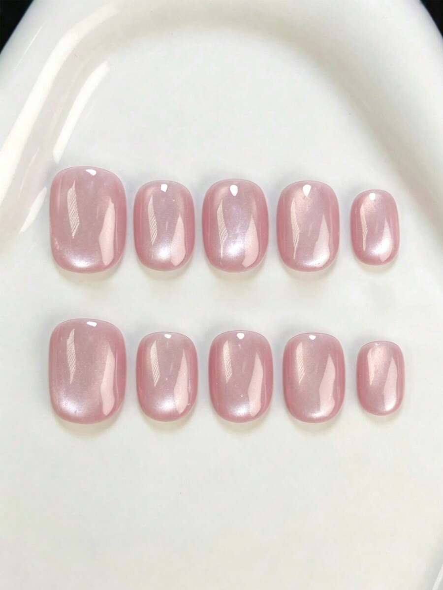 10pcs Handmade Press-On Nails, Short Oval Pink Y2K Minimalist Gentle Cat Eye Solid Color Manicure, Suitable For Women And Girls, Spring Summer Autumn Winter Holiday Party And Daily Wear