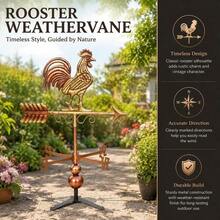 Metal Rooster Weathervane, Powder Coated Rust Resistant Finish, Roof Mount Wind Direction Indicator, Classic Farmhouse Garden Decor, Russet, 18.9 Inch-XY733701 - 1 - View 2