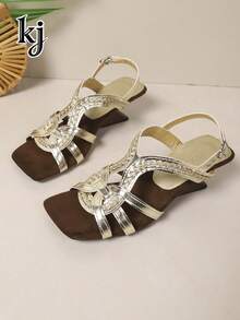 Women's High Heel Sandals, Non-Slip Comfortable Soft Sole Leather Woven Knotted Solid Color Square Toe Low-Top Cross Strap Back Strap Ankle Buckle Asymmetric Chunky Heel Sandals, European And American Vintage Style, Spring Summer Office Commute Date Shopping Vacation Travel Daily Wear, Beige Brown Color Block Women's Shoes - Gold - View 5