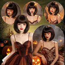 Perruque courte colorée avec frange, pour le port quotidien des femmes, fête de costume d'Halloween, perruque de cosplay anime en cheveux synthétiques lisses, options de dégradé multicolore et de couleur unie (jaune, blanc, marron, vert, or) - Multicolore - Voir 6