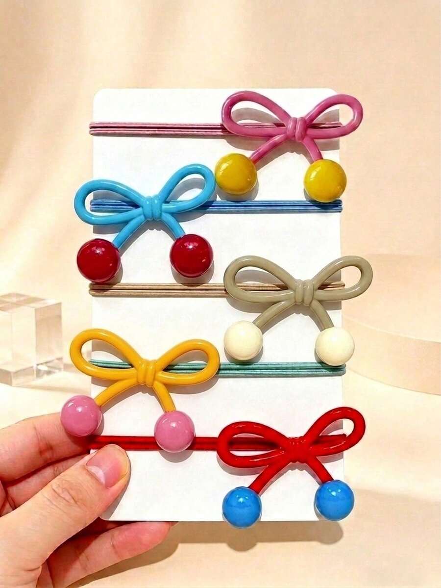 5pcs Girls Color Block Bow Candy Color Round Embellished Hair Clips Suitable For Daily Matching - Multicolor - View 1