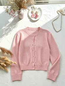 Teen Girl Short Solid Color Button Long Sleeve Sweater, Winter Girls Sweater, Cute Cherry Blossom Pink Sweater, Outdoor Wear Inner Layer Outer Layer - Pink - View 6