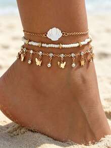 3pcs/Set Shiny Sexy Rhinestone Butterfly Tassel Anklets With White Shells, Handmade Alloy Jewelry, Suitable For Women's Daily Wear, Beach, Party, Music Festival - Multicolor - View 1