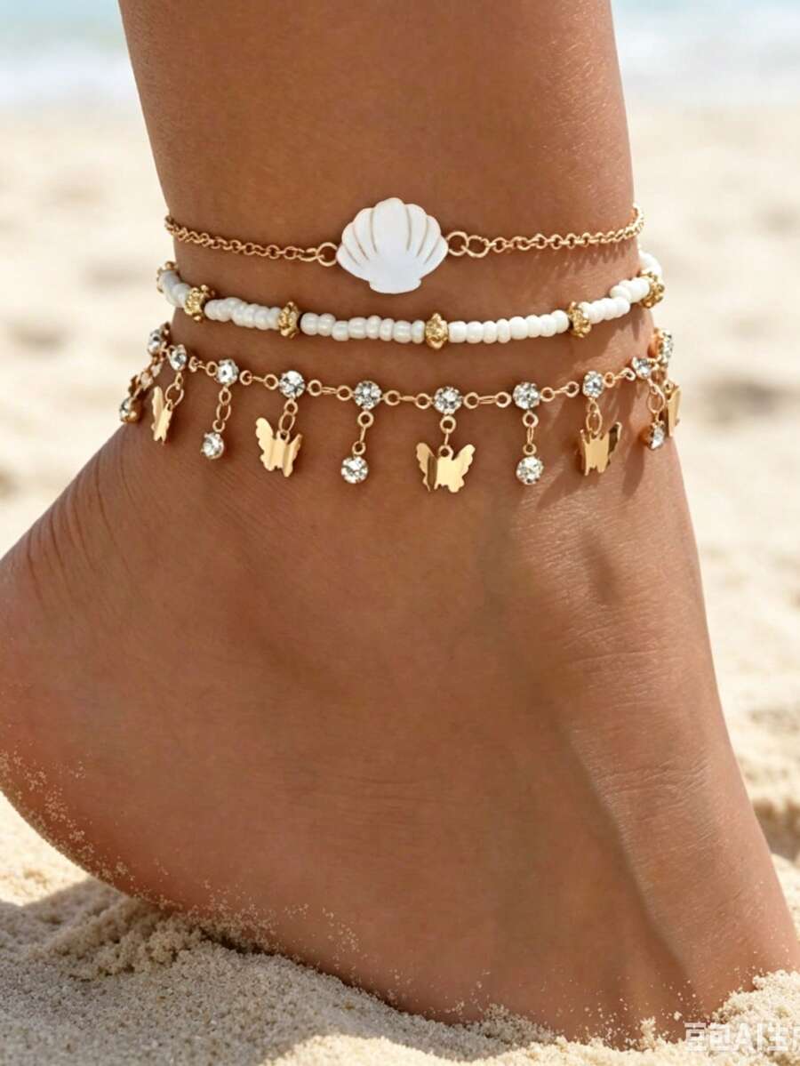 3pcs/Set Shiny Sexy Rhinestone Butterfly Tassel Anklets With White Shells, Handmade Alloy Jewelry, Suitable For Women's Daily Wear, Beach, Party, Music Festival - Multicolor - View 1
