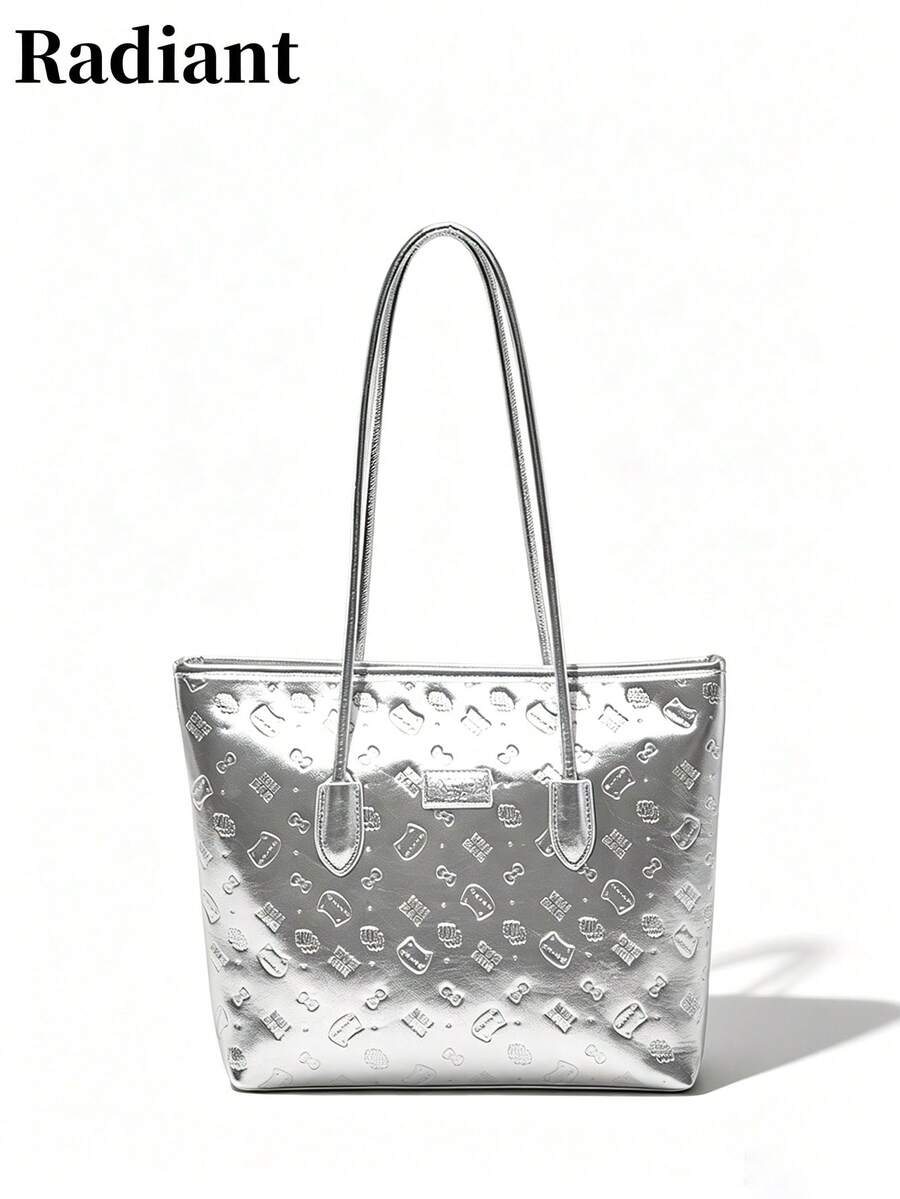 Women's Tote Bag Embossed Pattern PU Leather Shoulder Bag Large Capacity Casual Daily Use Handbag - Silver - View 1