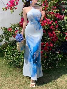 abyoxi 女款黃色花卉印花優雅休閒度假性感細肩帶露背綁帶修身長洋裝，適合海灘派對、婚禮賓客、畢業典禮，春夏穿著 - 淺藍色 - 查看 1