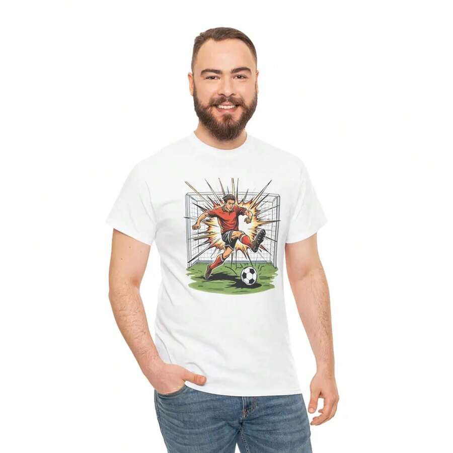 Soccer Striker Cartoon Tee | Vector Sports Illustration, Net Burst Action - 白色 - 查看 1