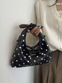 Polka Dot Pattern Handbag Crescent Bag Women's Pleated Bag Solid Color Cloud Crescent Bag Bow Tie Drawstring Casual Bag Shopping Women's Bag Shoulder Crossbody Bag Gift Shopping Commuting - Black - View 10