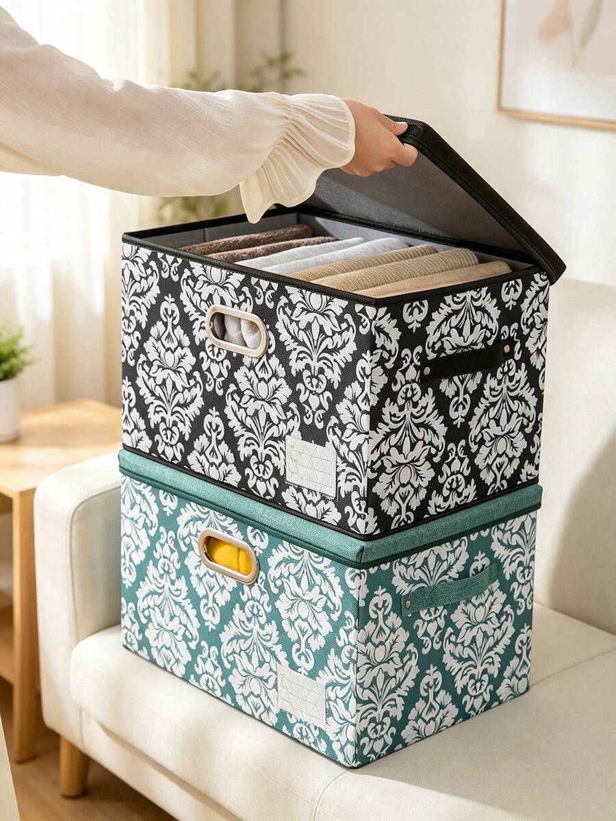 European Style Printed Storage Box With Lid, Fabric Closet Clothes Organizer, Multi-Functional Desktop Handheld Storage Bag, Foldable Storage Box With Handle, Home Organization Essential, Perfect Gift For Thanksgiving, Halloween, Back To School Season - Black and White - View 1