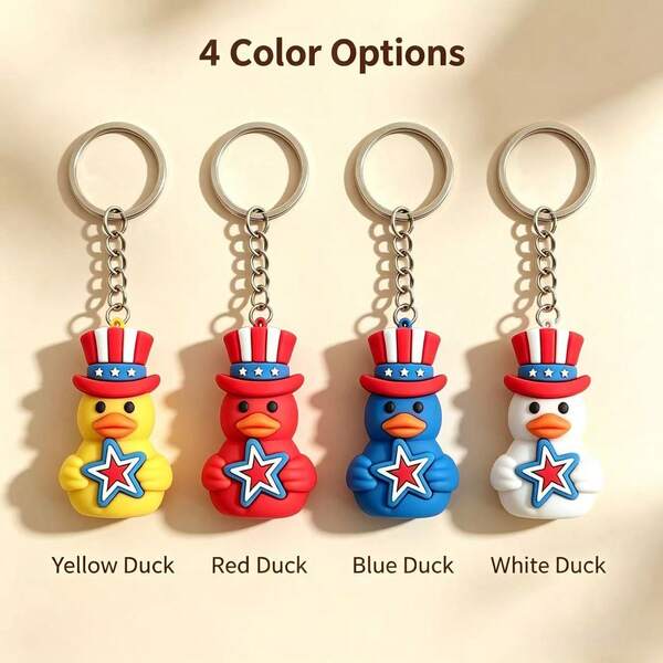 1/4pcs Multi-Color Cartoon Duck Keychain Pendant, Can Decorate Bags, Keys, Cars, 4 Colors Available, Cute Patriotic Star Pattern Duck Keychain, Hat Style PVC Pendant, Independence Day Gift, For Keys, Backpacks, Car Decoration