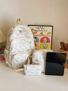 3-Piece Set Blue And White Nylon Casual Fresh Style Strawberry Bow Cherry Pattern All-Over Print Braided Pendant Zipper Pull Large Capacity Foldable Multi-Pocket Zipper Backpack Set Suitable For Women's Daily Matching, College Students' Class Training Bag, Students' School, Outing Shopping Travel Storage Bag - Blue and White - View 6