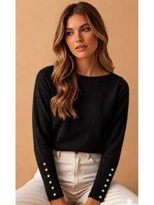 Basic Knit Sweater Blouse With Pearl Detail, Polyester, Pearls, Nightwear - Black - View 2