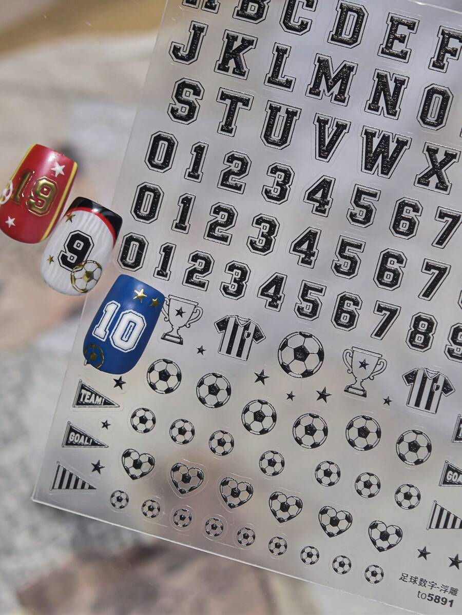 1pc 5D Minimal Soccer Number Nail Stickers Self-Adhesive Stickers DIY Nail Accessories Stickers Nail Decoration Stickers - 黑色 - 查看 1
