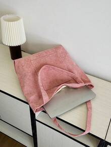 Solid Color Men's Shoulder Tote Bag, Versatile Shopping Bag, Striped Large Capacity Canvas Bag - Pink - View 2