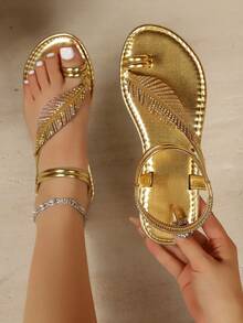Women's Flat Slides 2026 Spring/Summer New Comfortable Gold Leaf Design Fashion Beach Slippers Toe Cap Thong Outdoor House Slippers - Gold - View 5