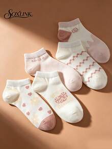 5 Pairs Light Pink Soft Style Short Socks For Women, Heart Flower Wave Stripe Letter Tube Socks, Korean Style Spring Summer Thin Short Socks, Suitable For Daily Wear. - Multicolor - View 5